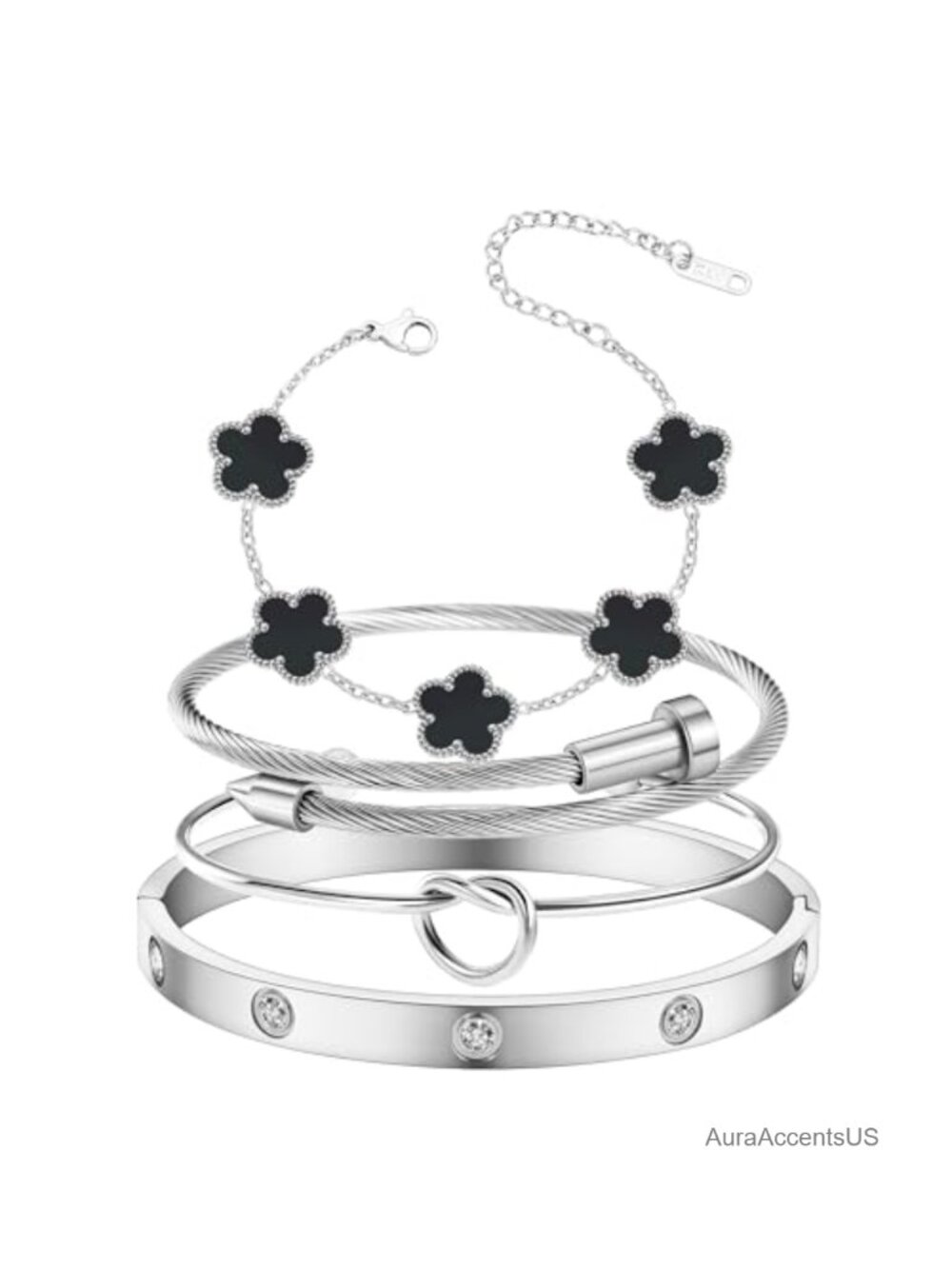 Womens 4Pc Stackable Stainless Steel Bangle Bracelets Floral Set